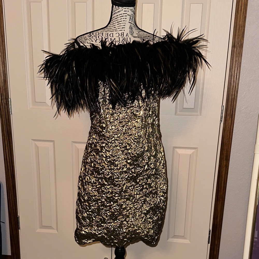 Vintage Black and Gold Feather Off-Shoulder Dress